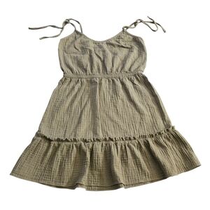 UPWEST Organic Crinkle Cotton Mini  Dress Sage Green Tie Straps Ruffle Medium